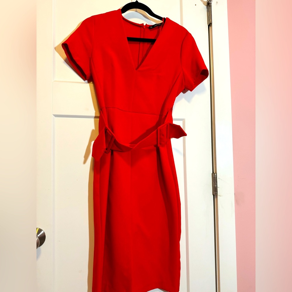Zara. Red. Mid-length dress with belt in front. Women’s Sz Medium. Like New.